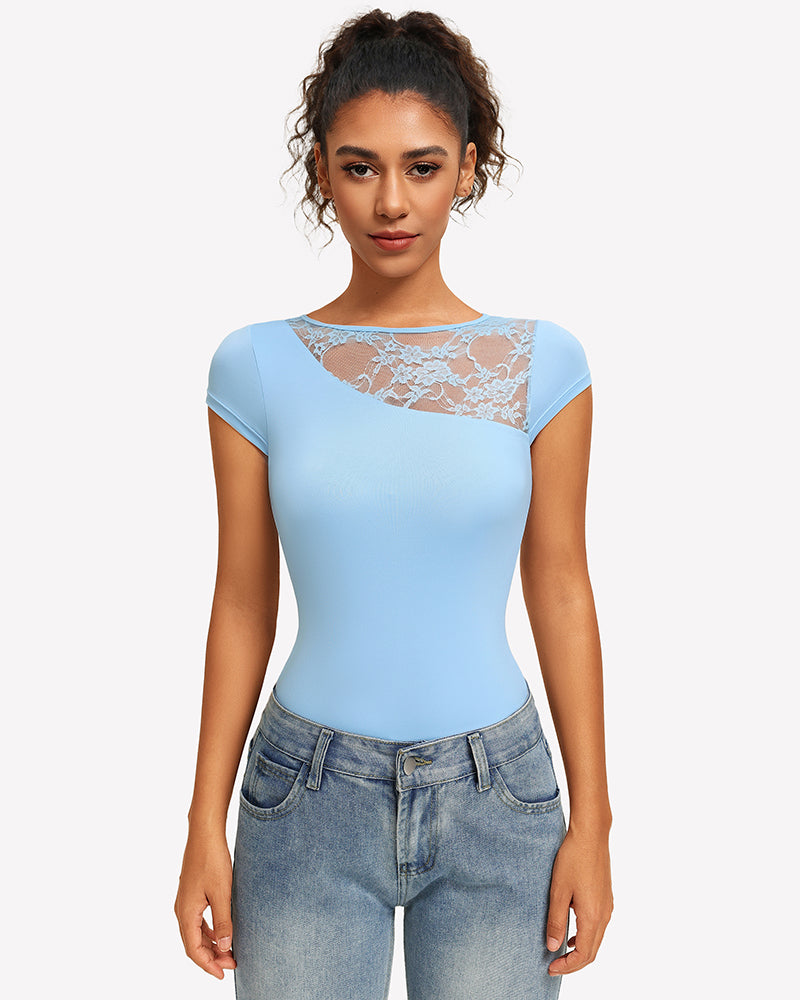 Light blue lace crew neck short-sleeve thong bodysuit with sheer floral yoke