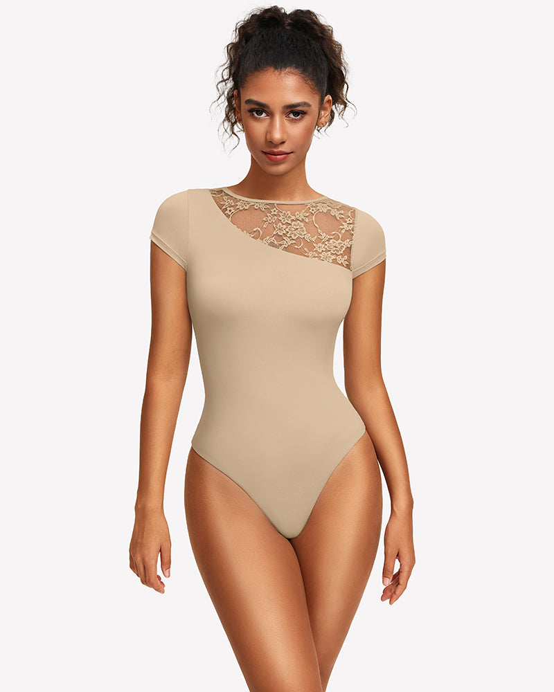 Nude lace crew neck short-sleeve thong bodysuit with sheer floral yoke
