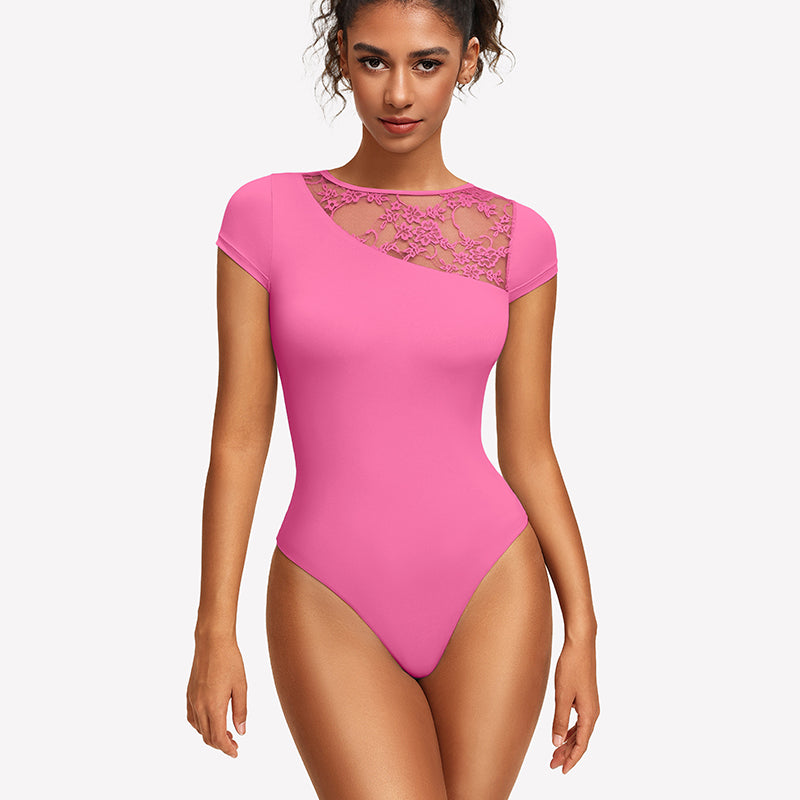 Pink lace crew neck short-sleeve thong bodysuit with sheer lace yoke at neckline