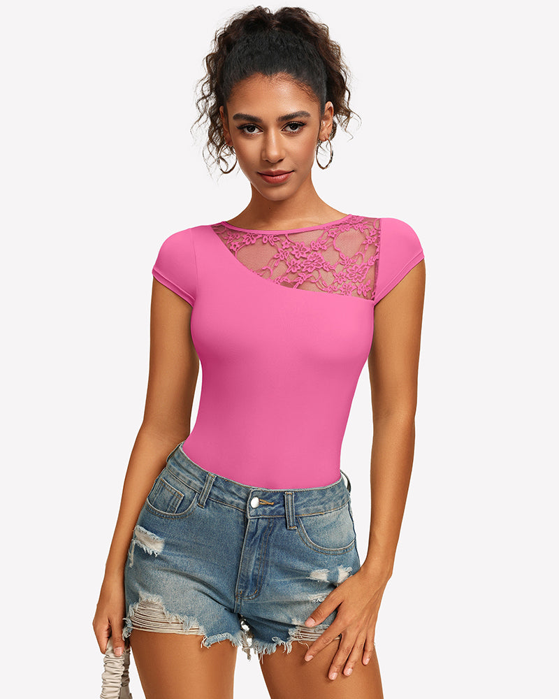 Pink lace crew neck short-sleeve thong bodysuit with lace neckline yoke