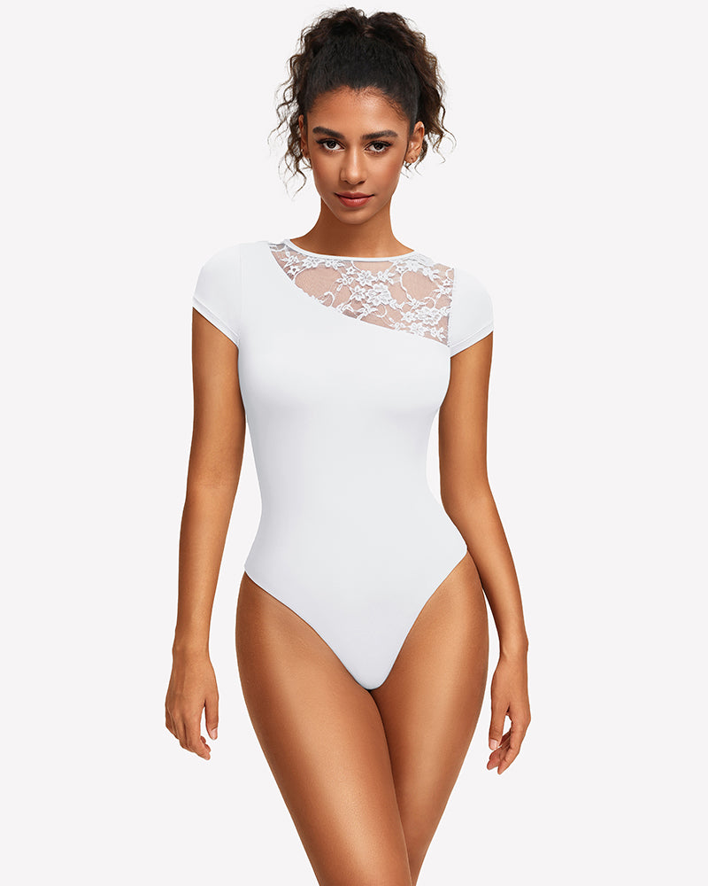 White lace crew neck short-sleeve thong bodysuit with sheer lace yoke at neckline