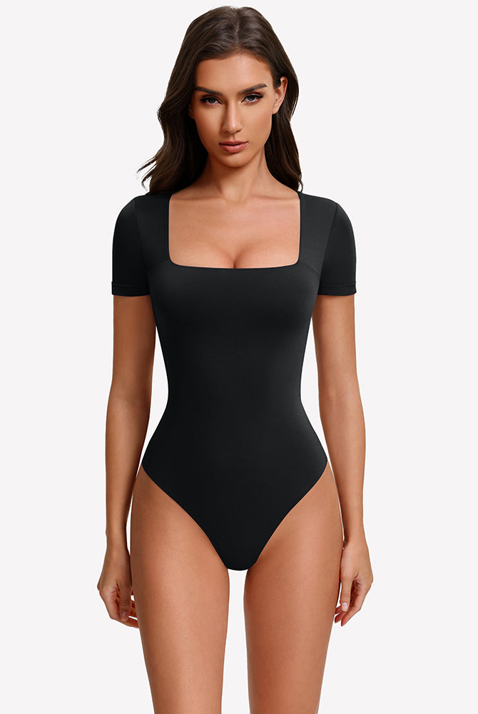 Black short-sleeve square-neck bodysuit with fitted one-piece silhouette