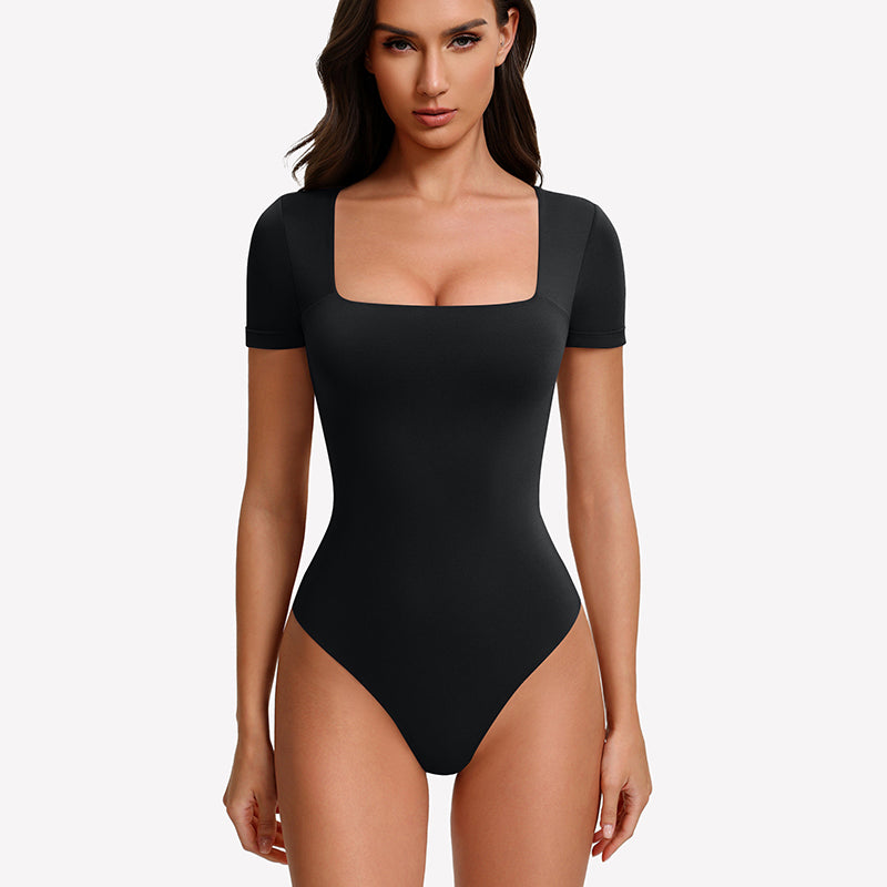 Black short-sleeve square-neck bodysuit with fitted one-piece silhouette