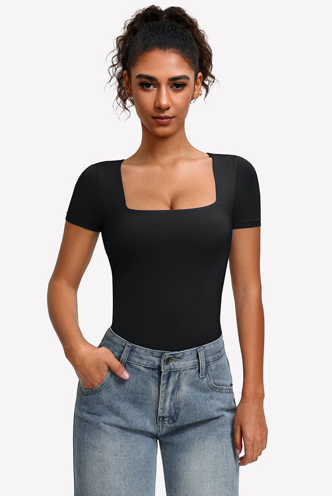 Square-neck short-sleeve bodysuit in black, fitted one-piece with square neckline