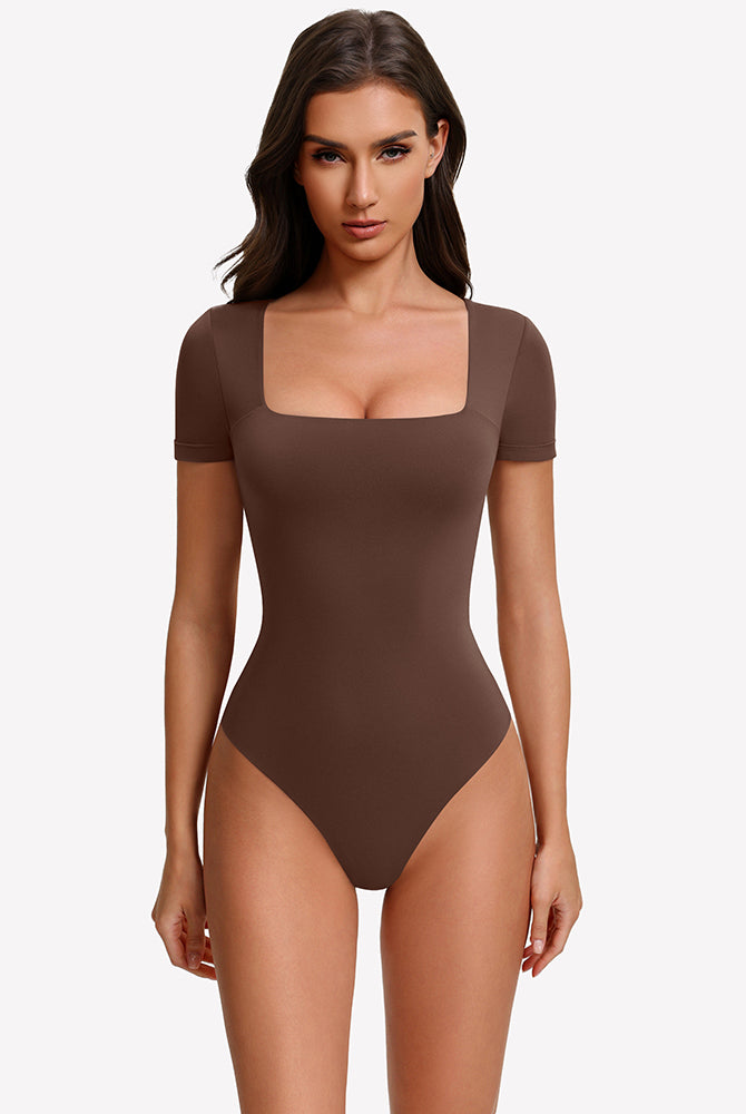 Square-neck short-sleeve bodysuit in brown, fitted one-piece with square neckline
