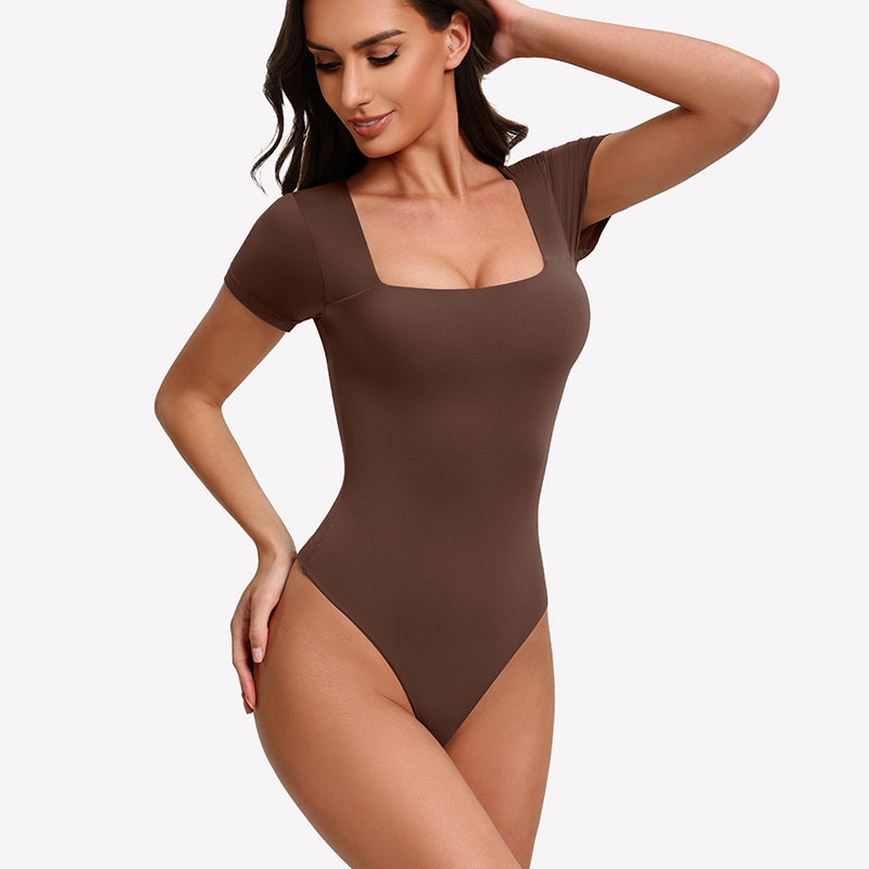 Dark brown short-sleeve square-neck bodysuit with fitted one-piece silhouette