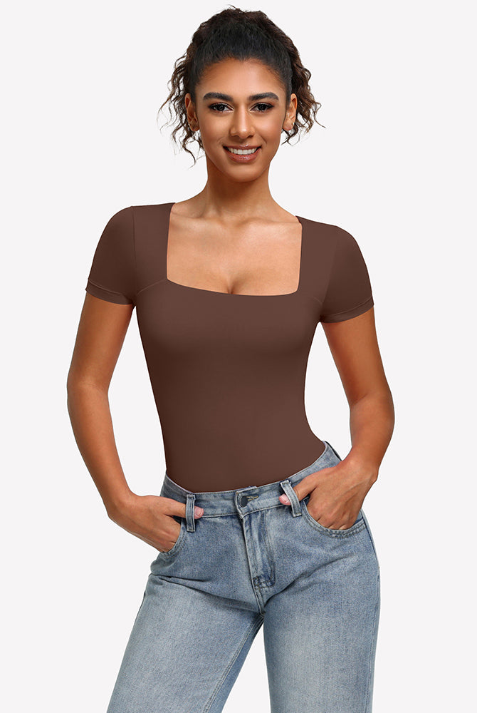 Square-neck short-sleeve bodysuit in brown, fitted one-piece with short sleeves