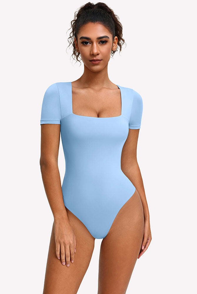 Light blue short-sleeve square-neck bodysuit with fitted one-piece silhouette