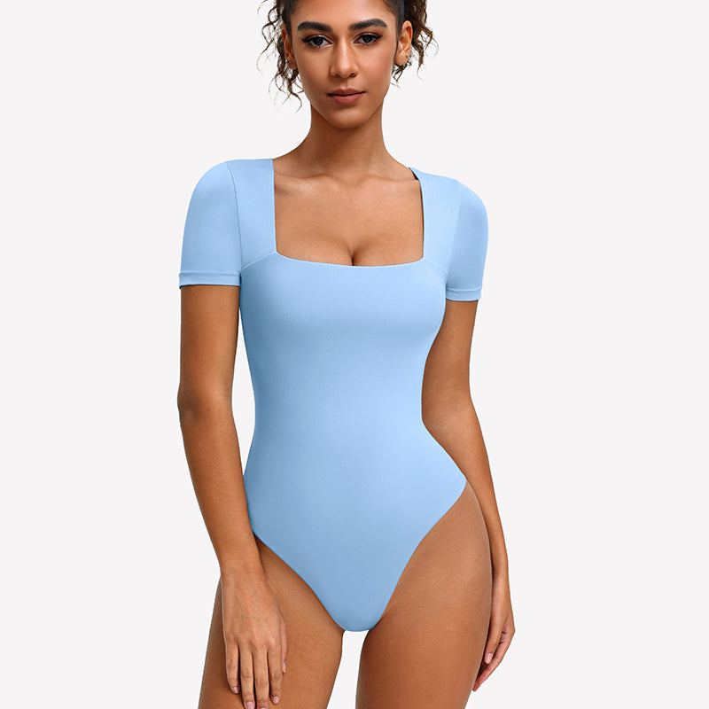 Light blue short-sleeve square-neck bodysuit with fitted one-piece silhouette