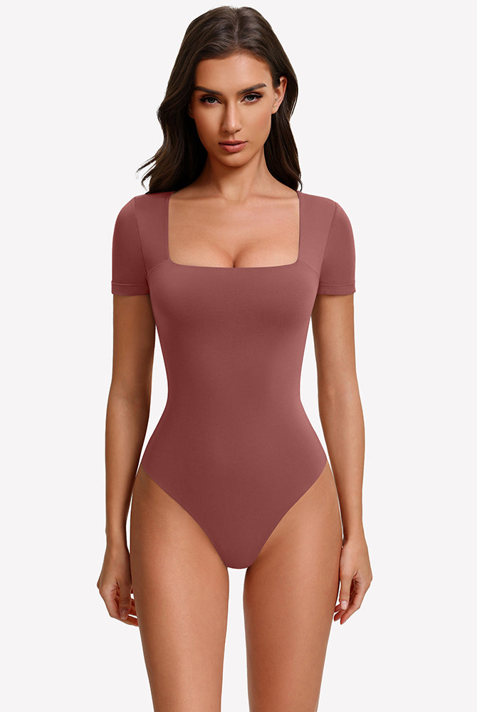 Rose red short-sleeve square-neck bodysuit with fitted one-piece silhouette