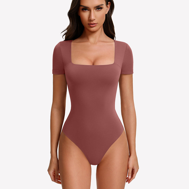 Rose red short-sleeve square-neck bodysuit with fitted one-piece silhouette