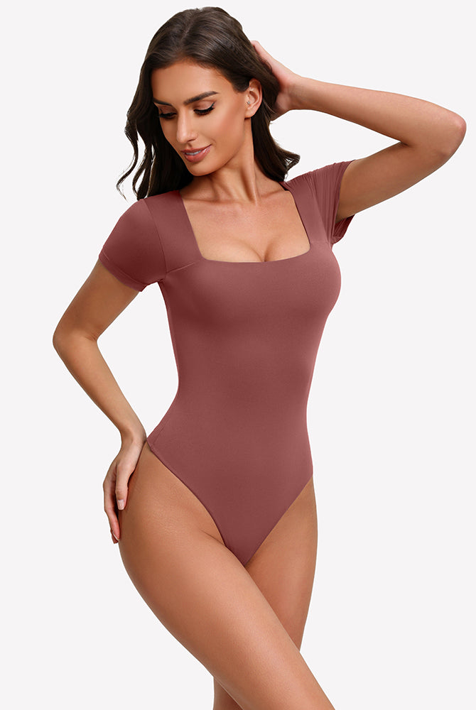 Brown short-sleeve square-neck bodysuit with fitted one-piece silhouette
