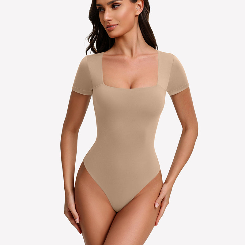 Nude short-sleeve square-neck bodysuit with fitted one-piece silhouette