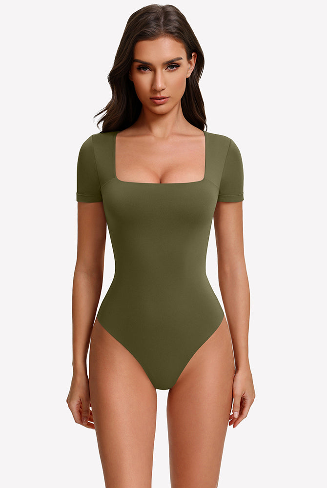 Army green short-sleeve square-neck bodysuit with fitted one-piece silhouette