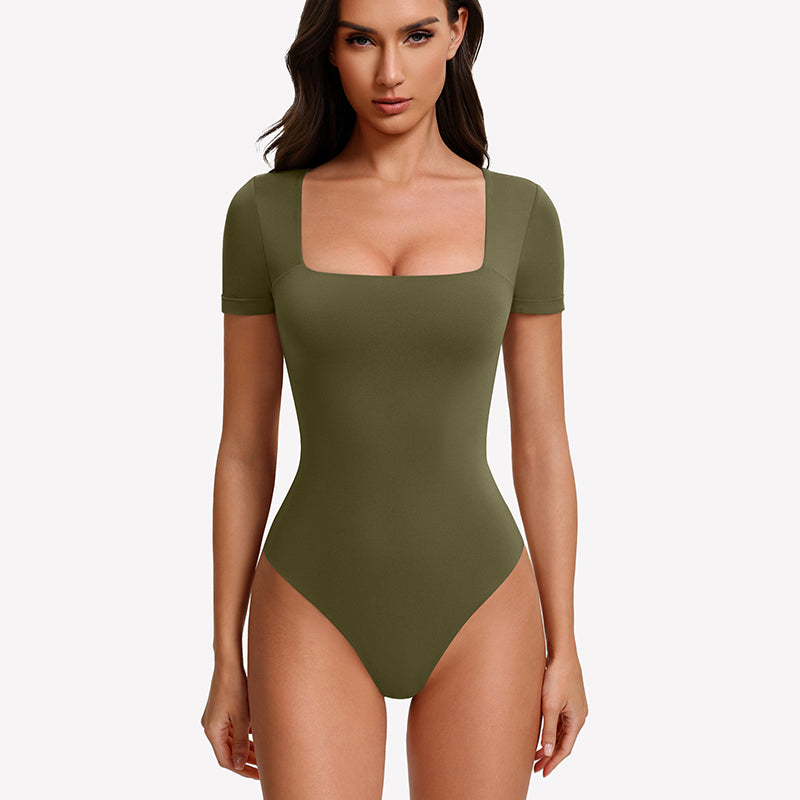 Army green short-sleeve square-neck bodysuit with fitted one-piece silhouette