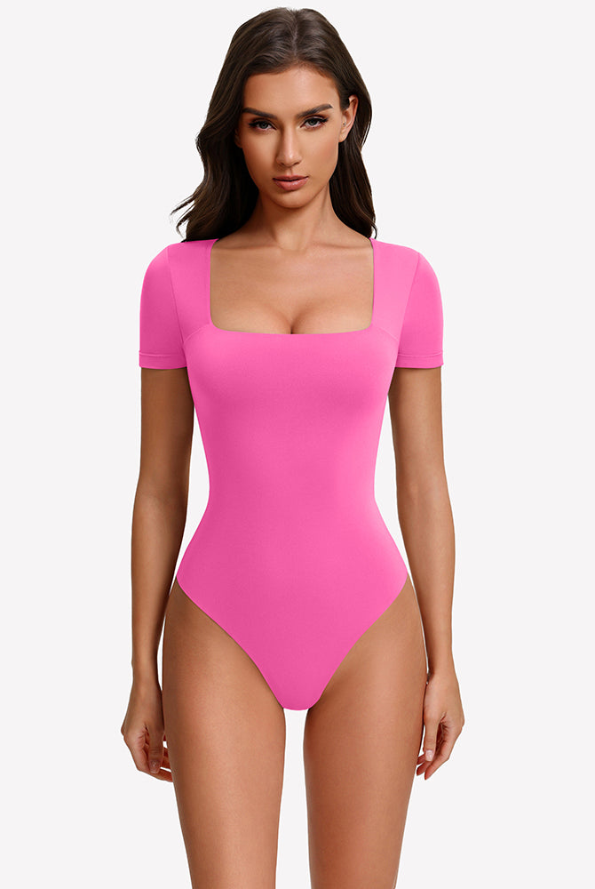 Square-neck short-sleeve bodysuit in pink, fitted one-piece with square neckline