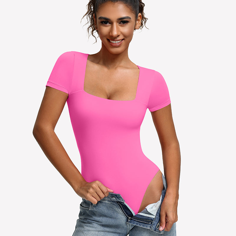 Hot pink short-sleeve square-neck bodysuit with fitted one-piece silhouette