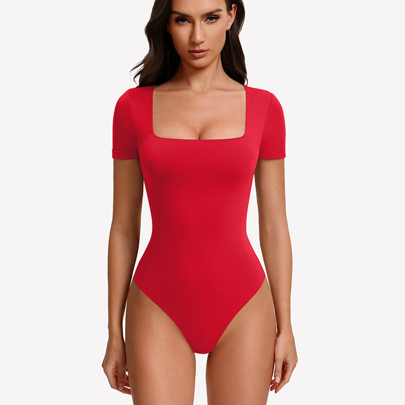 Square-neck short-sleeve bodysuit in red, fitted one-piece with high-cut legs