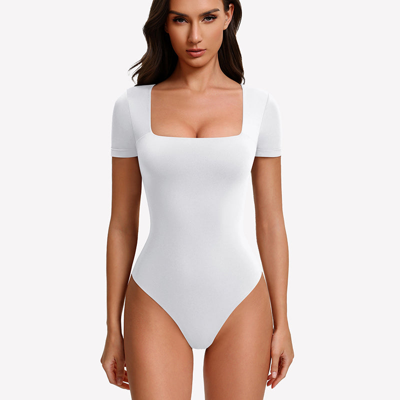 White short-sleeve square-neck bodysuit with fitted one-piece silhouette