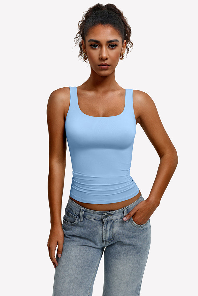 Square-neck tank top, slim fit, sleeveless light blue with wide straps