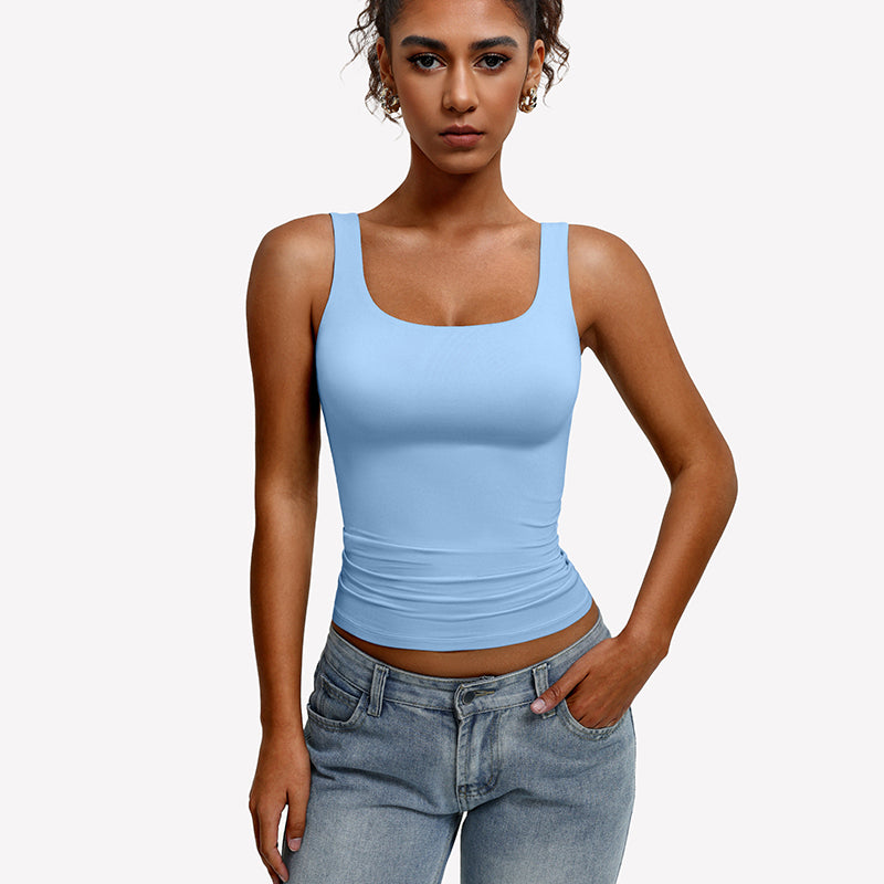 Square-neck tank top, slim fit, sleeveless light blue with wide straps