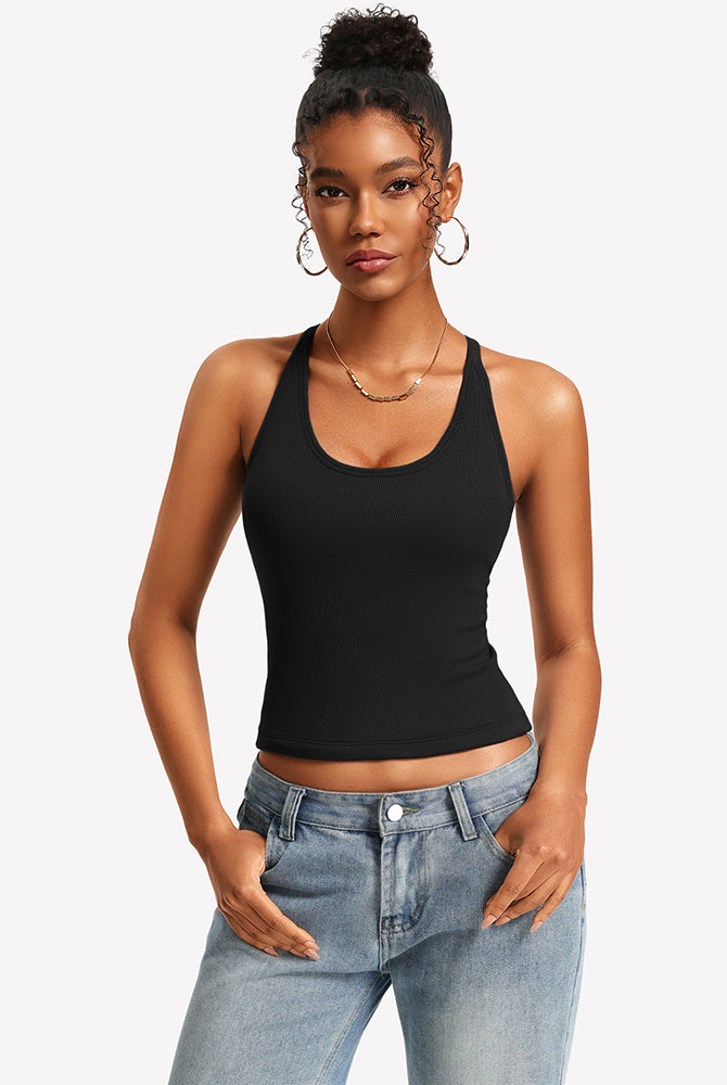 Black ribbed tank top with built-in bra and lace racerback