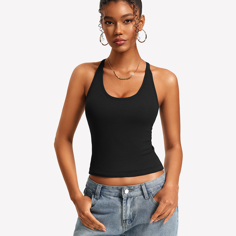 Black ribbed tank top with built-in bra and lace racerback