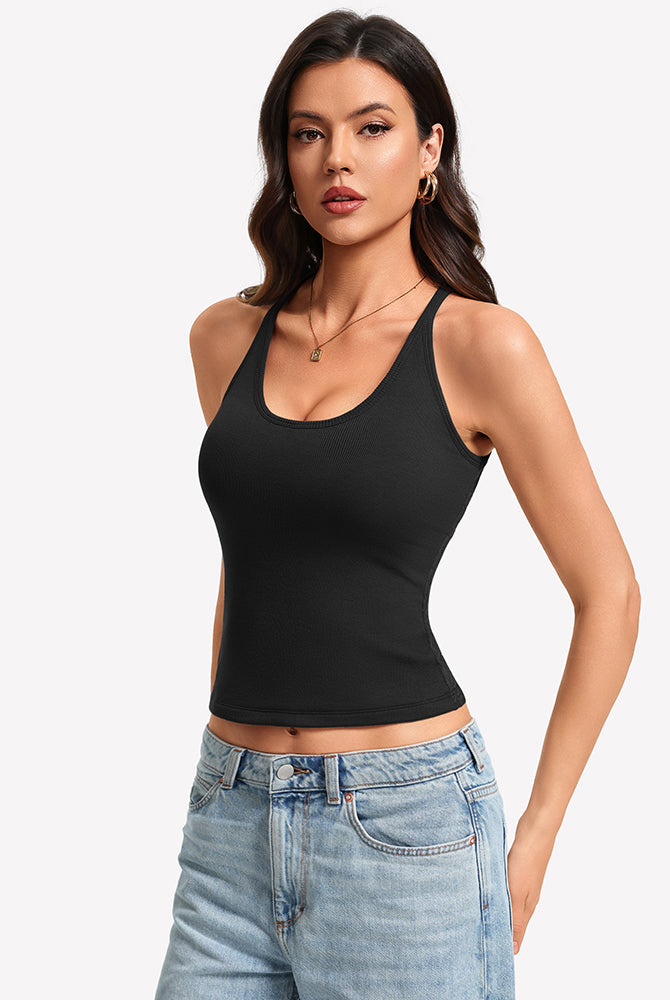 Black ribbed tank top with built-in bra and lace racerback