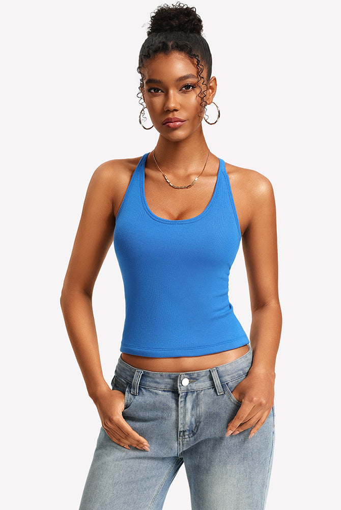 Ribbed tank top with built-in bra, bright blue, scoop neck, wide racerback straps