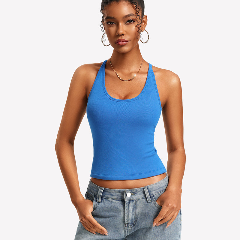 Ribbed tank top with built-in bra, bright blue, scoop neck, wide racerback straps