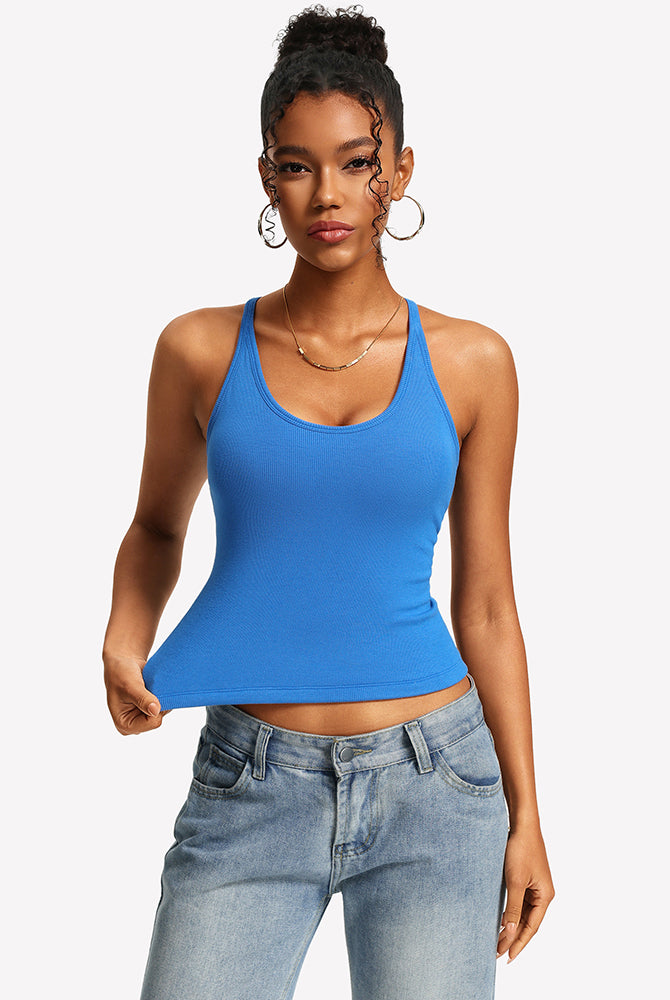 Blue ribbed tank top with built-in bra and lace racerback