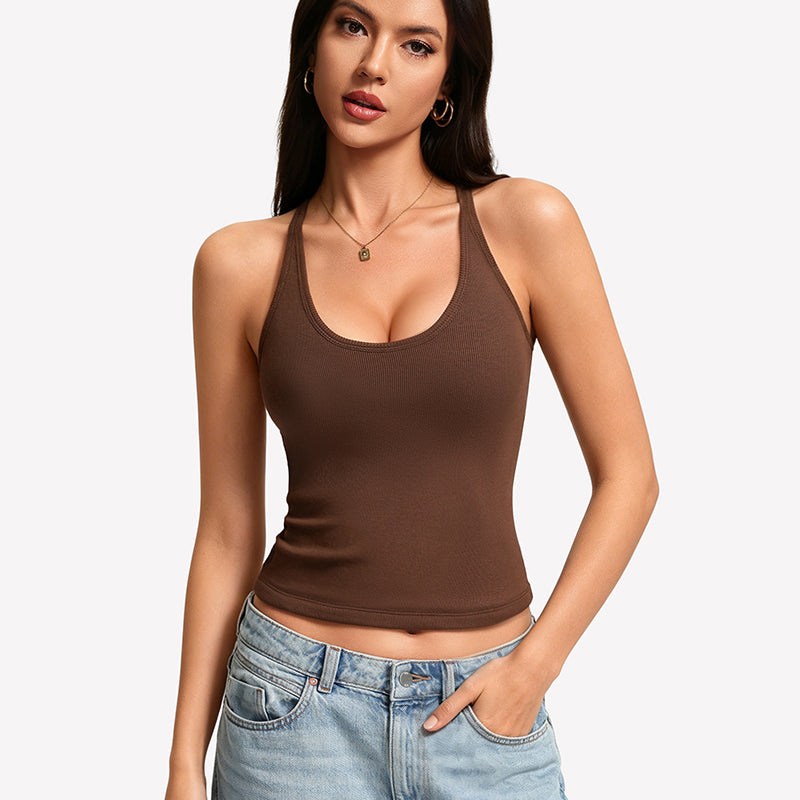 Brown ribbed tank top with built-in bra and lace racerback