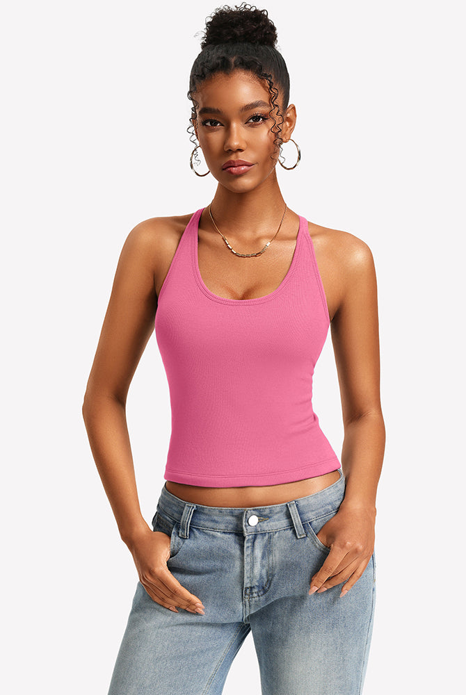 Pink ribbed tank top with built-in bra and lace racerback