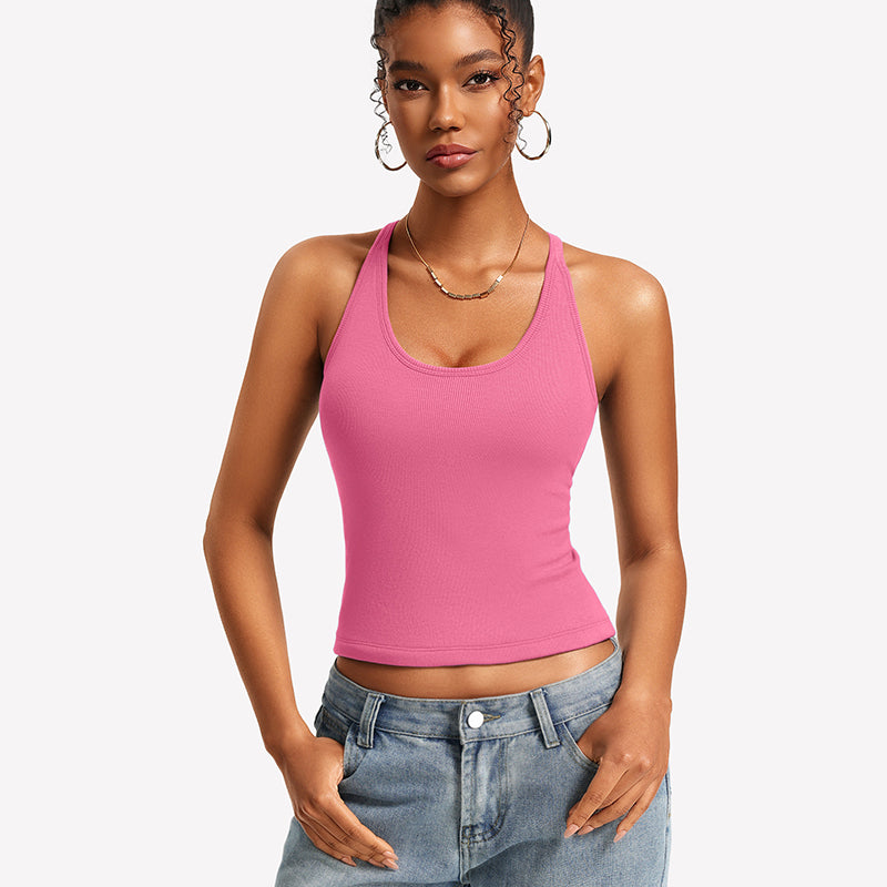 Pink ribbed tank top with built-in bra and lace racerback