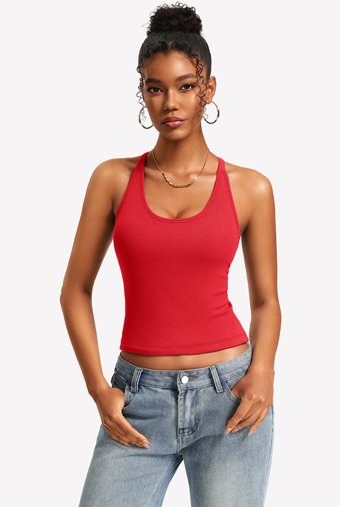 Red ribbed tank top with built-in bra and lace racerback