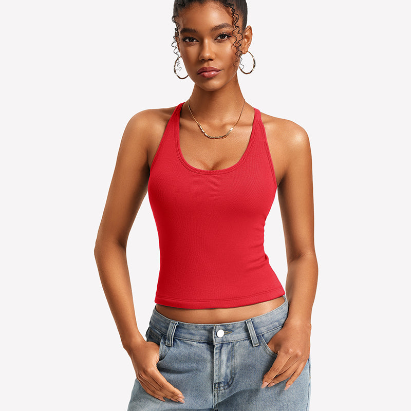 Red ribbed tank top with built-in bra and lace racerback