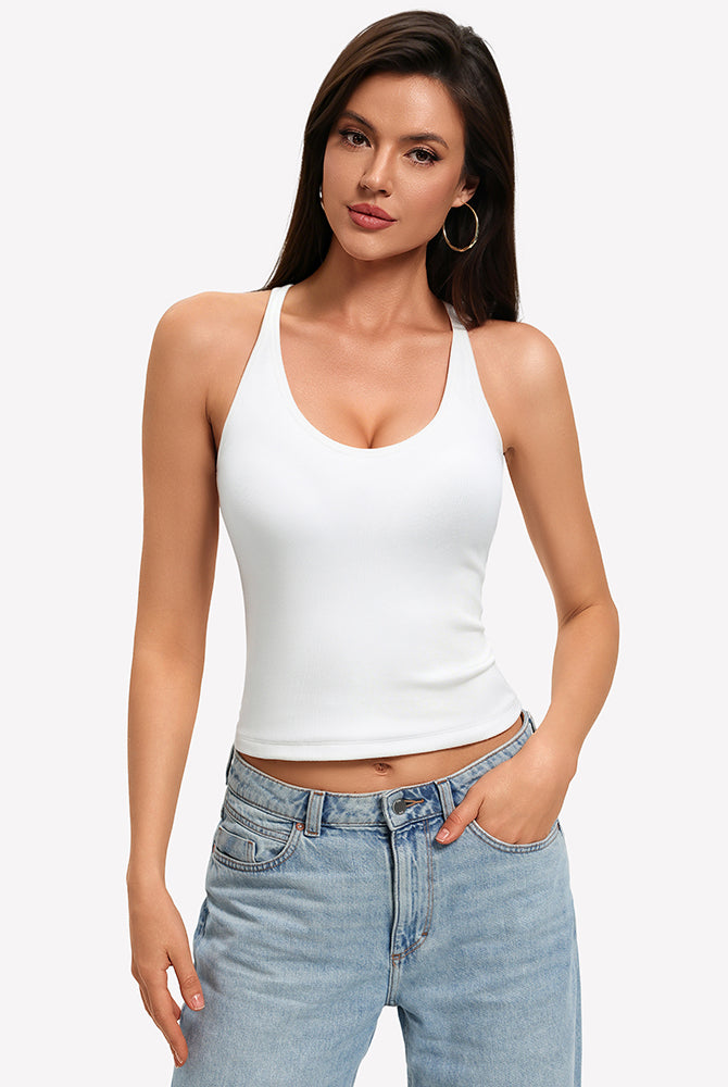 White racerback tank with built-in bra and scoop neckline