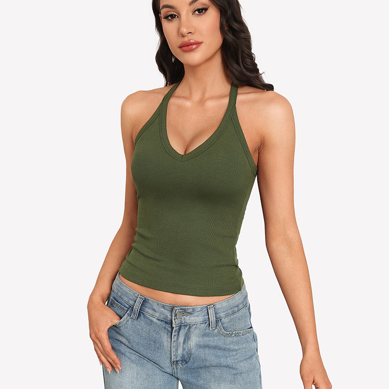 Olive V-neck tank top with built-in bra, ribbed racerback, fitted cami.
