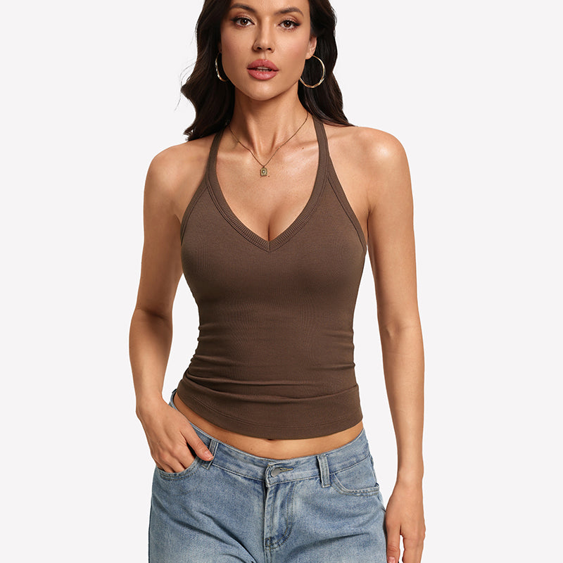 Brown V-neck tank top with built-in bra, ribbed racerback straps