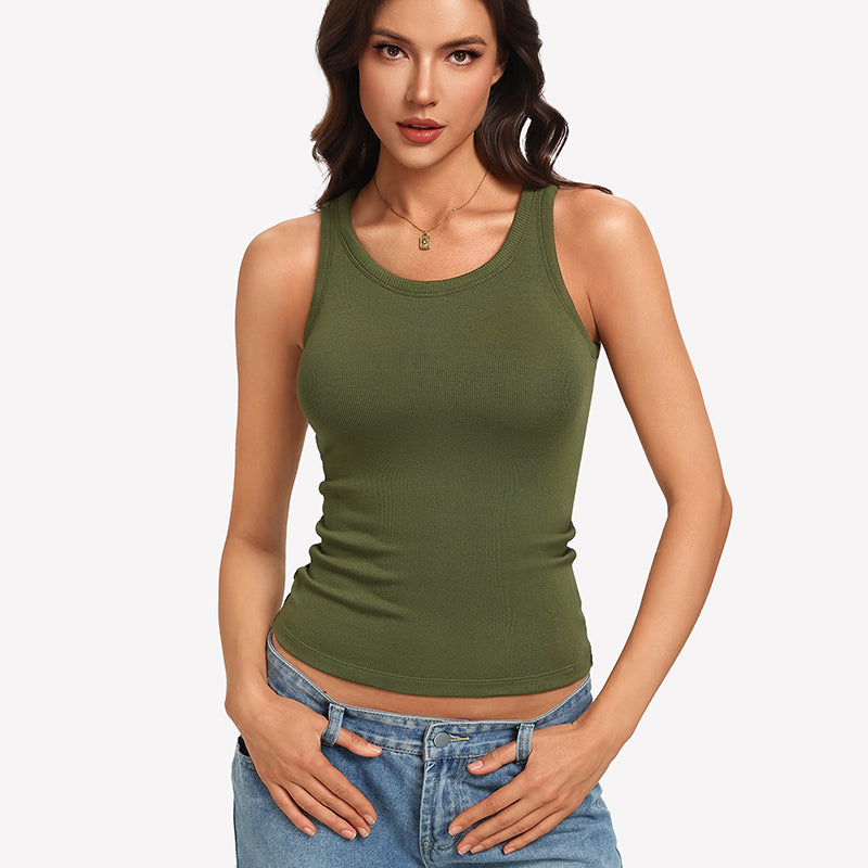 Ribbed Tank Top ¡§C Built-In Bra High Neck Fitted Racerback Top