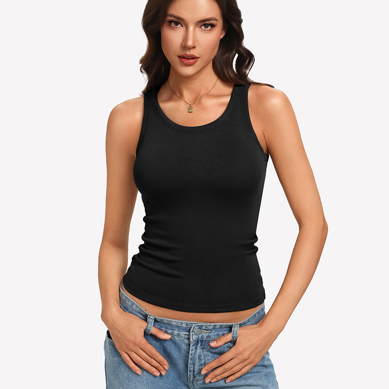 Ribbed Tank Top ¡§C Built-In Bra High Neck Fitted Racerback Top