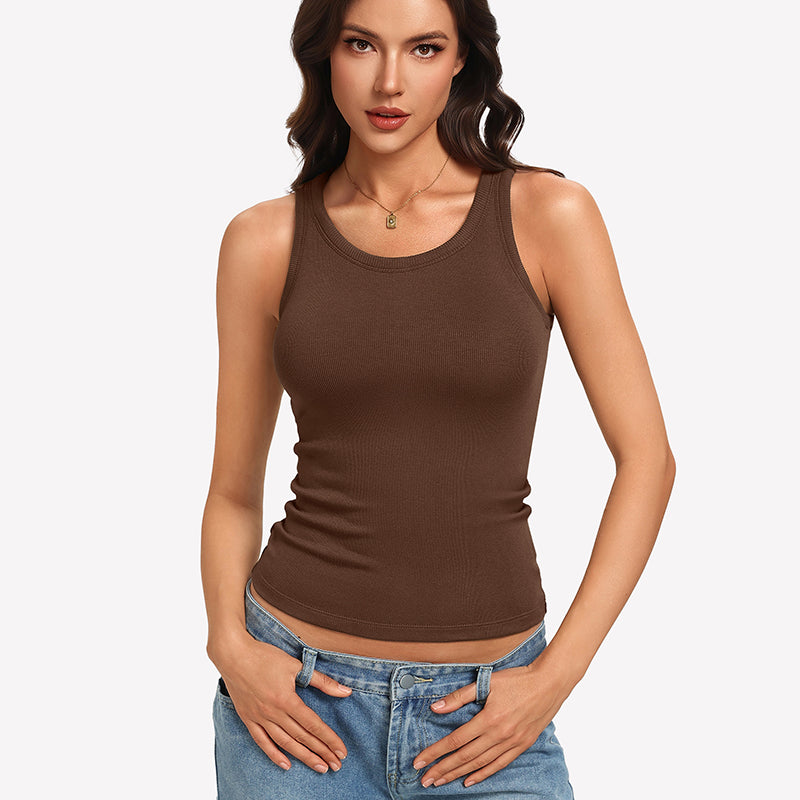 Ribbed Tank Top ¡§C Built-In Bra High Neck Fitted Racerback Top