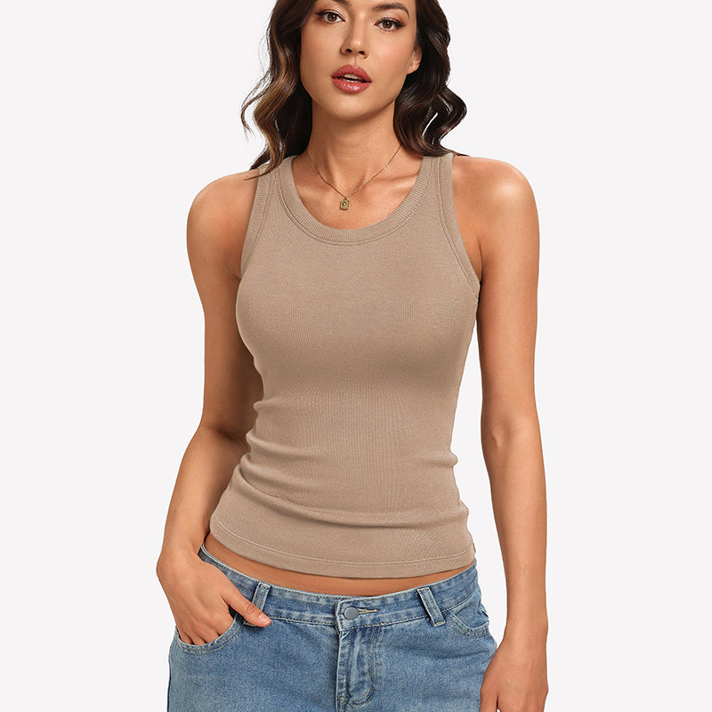 Ribbed Tank Top ¡§C Built-In Bra High Neck Fitted Racerback Top