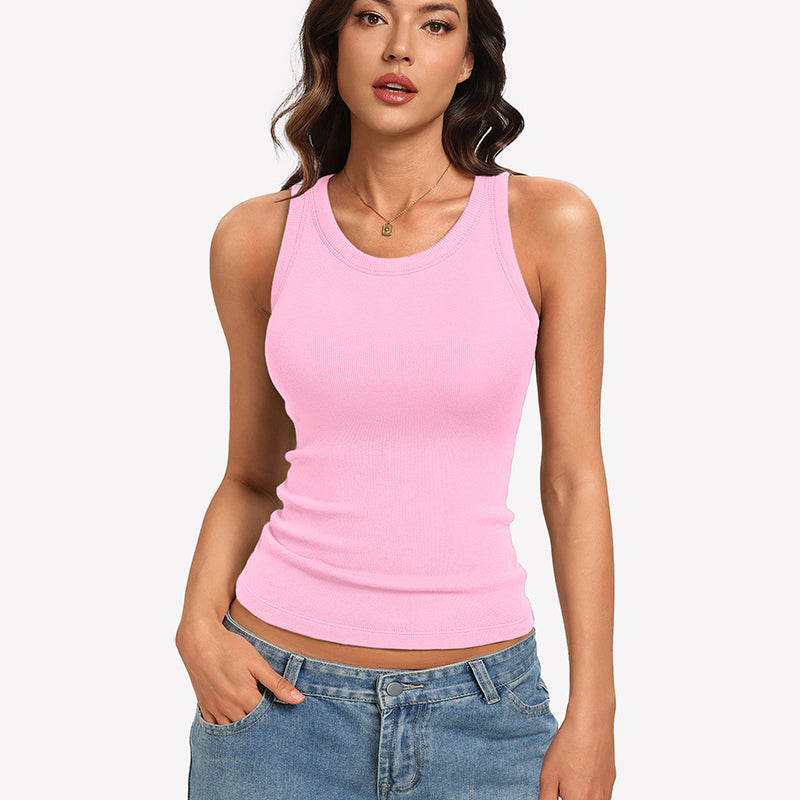 Ribbed Tank Top ¡§C Built-In Bra High Neck Fitted Racerback Top