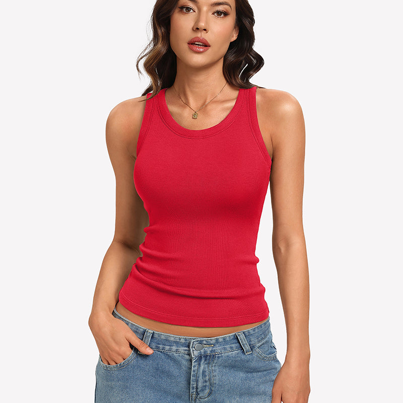 Ribbed Tank Top ¡§C Built-In Bra High Neck Fitted Racerback Top