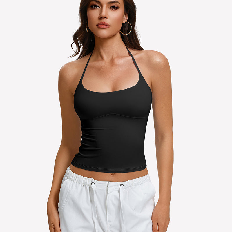 Black halter crop camisole with double lining and low scoop neckline