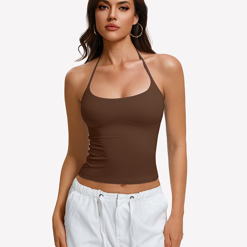 Brown halter crop camisole with double lining and low scoop neckline