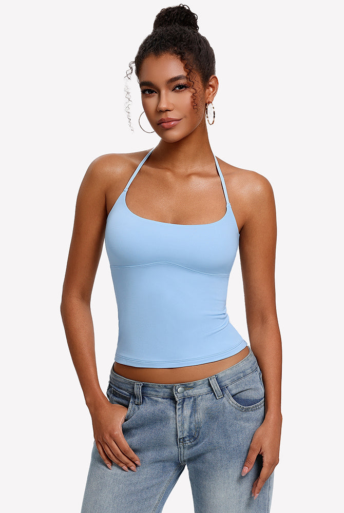 Light blue halter crop top with double-lined camisole and back tie straps