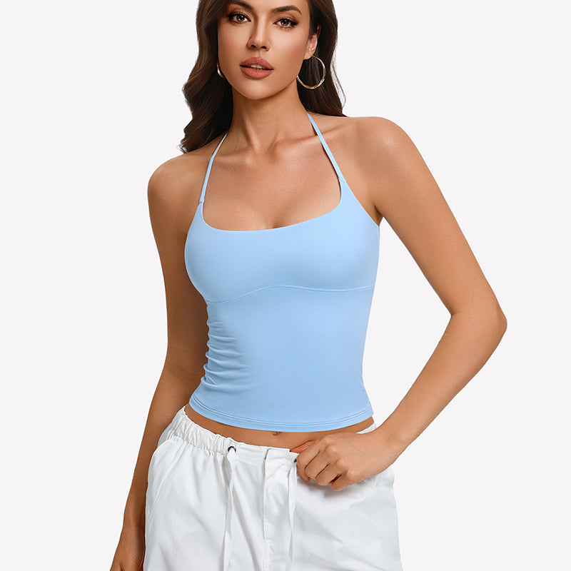 Light blue halter crop camisole with double lining and low scoop neckline