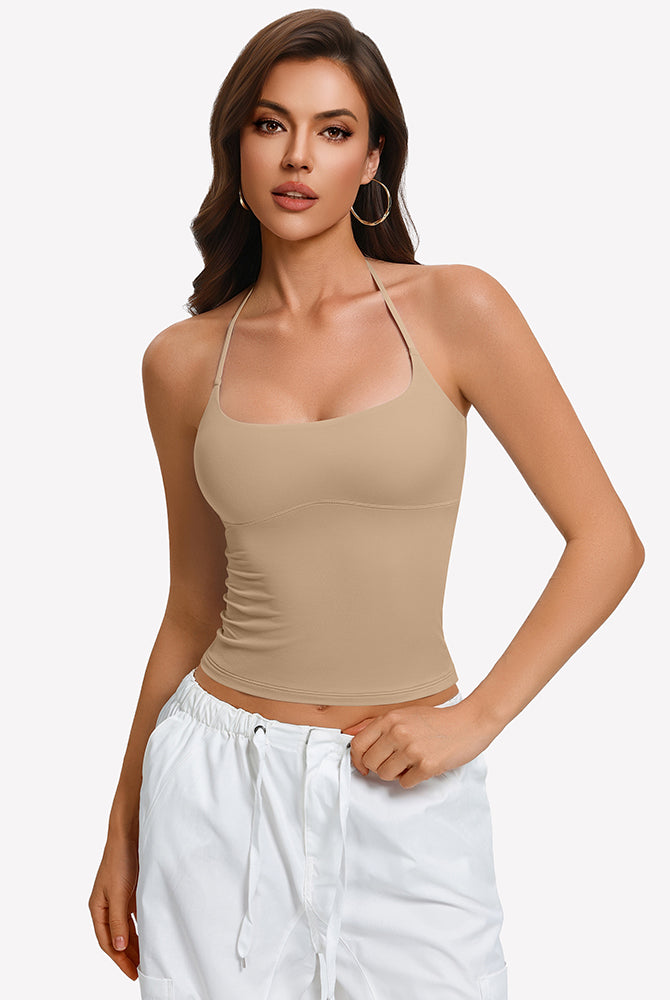 Nude halter crop camisole with double lining and low scoop neckline